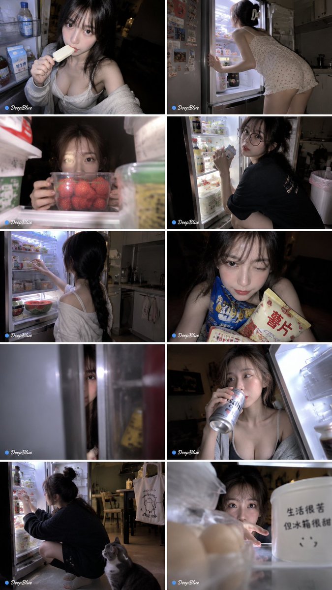 竖幅写实手机抓拍，深夜住宅厨房，成年女性打开冰箱寻找食物；整体像室友站在旁边突然拿手机拍下来的生活瞬间。, 图片 4