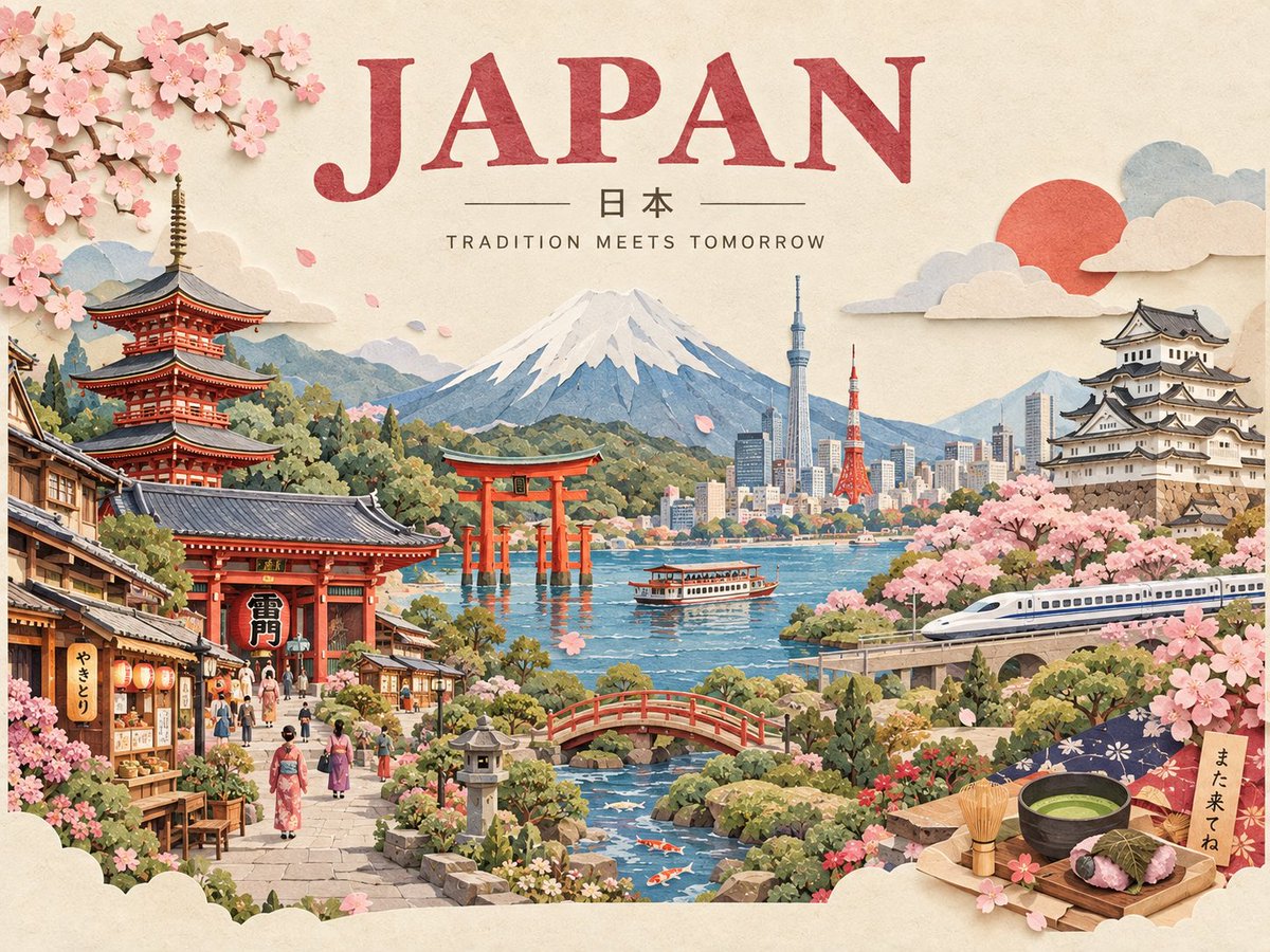创作一张迷人的手工3D剪纸风格旅行海报，代表[目的地]。将整个场景构建为一个统一的分层纸质立体场景模型，拥有柔和的雕塑感纸质纹理、剪裁边缘、细…, 图片 1