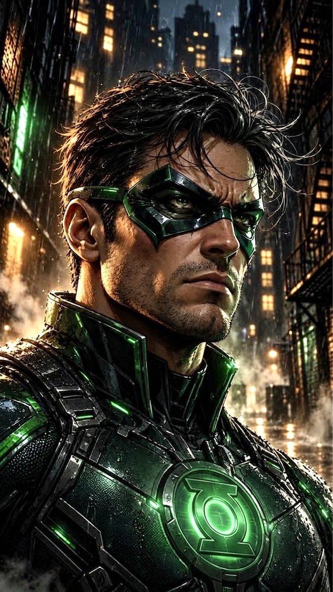 A dramatic comic-book portrait of a stern male superhero in a dark emerald suit…