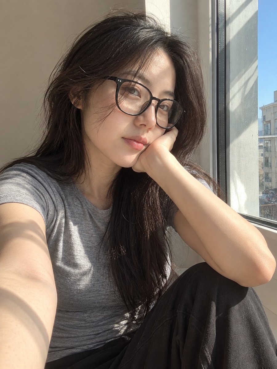 超写实风格的休闲智能手机自拍照：一位年轻东亚女性坐在安静房间内靠近阳光照射的窗户旁。保持与面部参考的高度相似性，包括柔和轮廓的鹅蛋脸、温和的下…, 图片 2