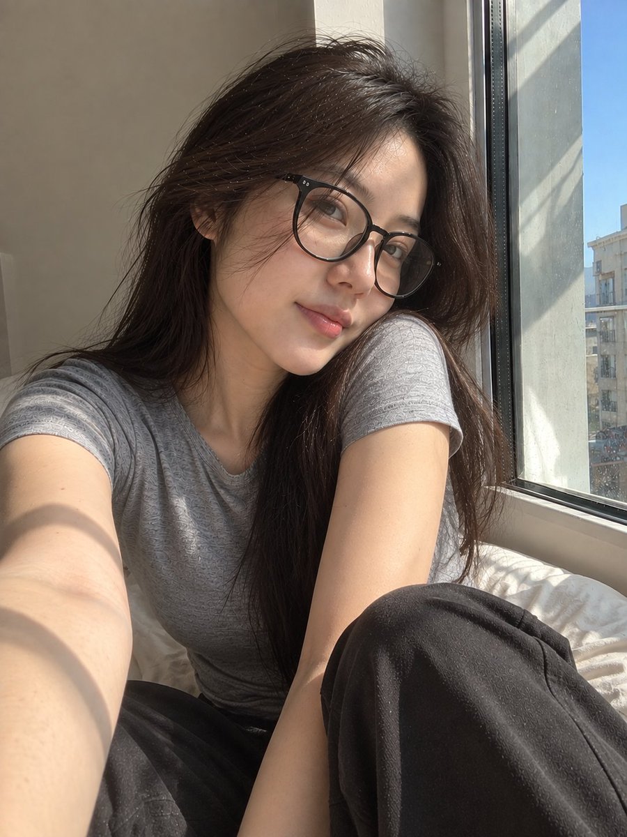 超写实风格的休闲智能手机自拍照：一位年轻东亚女性坐在安静房间内靠近阳光照射的窗户旁。保持与面部参考的高度相似性，包括柔和轮廓的鹅蛋脸、温和的下…, 图片 4
