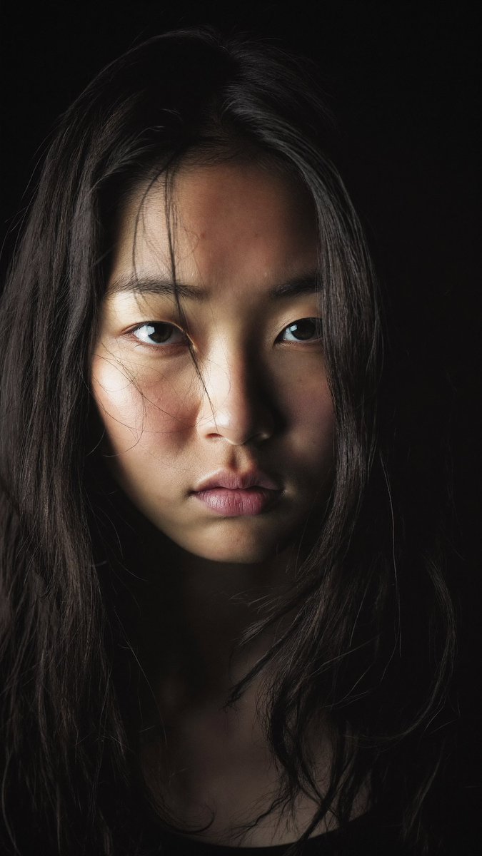 特写电影感人像:一位年轻的东亚女性,长长的略带凌乱的黑发披在肩上,几缕散发拂过脸庞。她直视镜头,表情平静、专注而略带忧郁。左侧柔和而戏剧性的侧…, 图片 2
