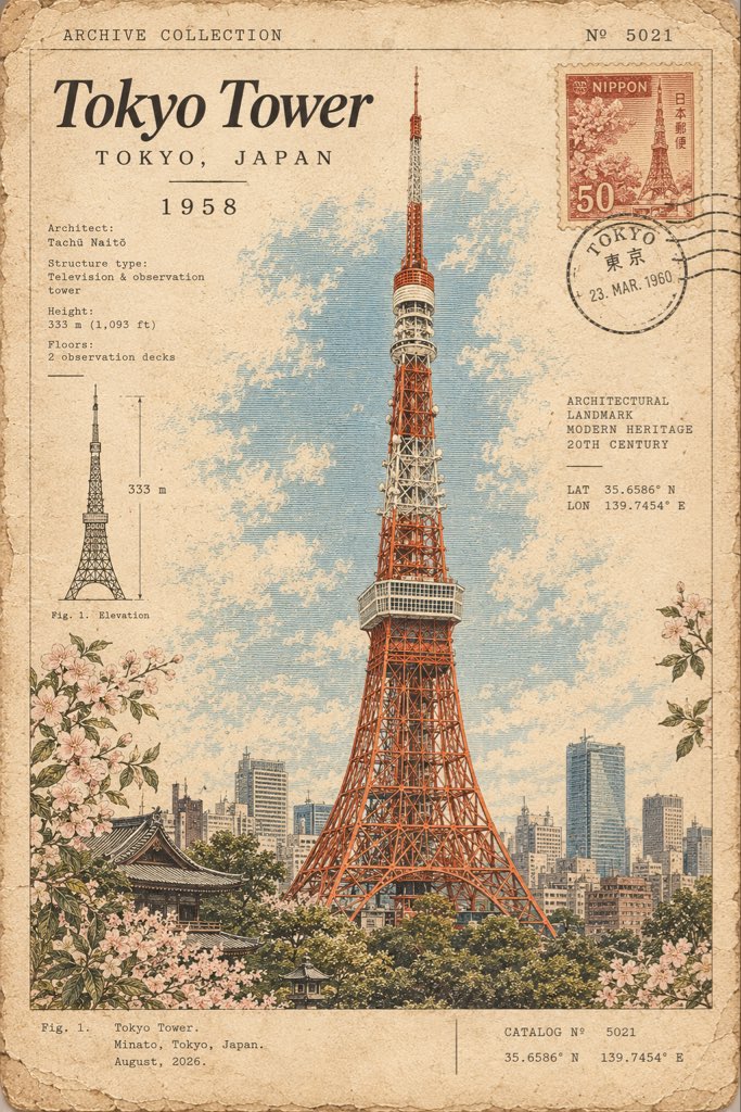为[ICONIC STRUCTURE]（标志性建筑）制作一张古建筑标本卡，将该建筑视为具有历史重要性的建筑文物。以精细的手工雕刻插图展示建筑全…, 图片 2