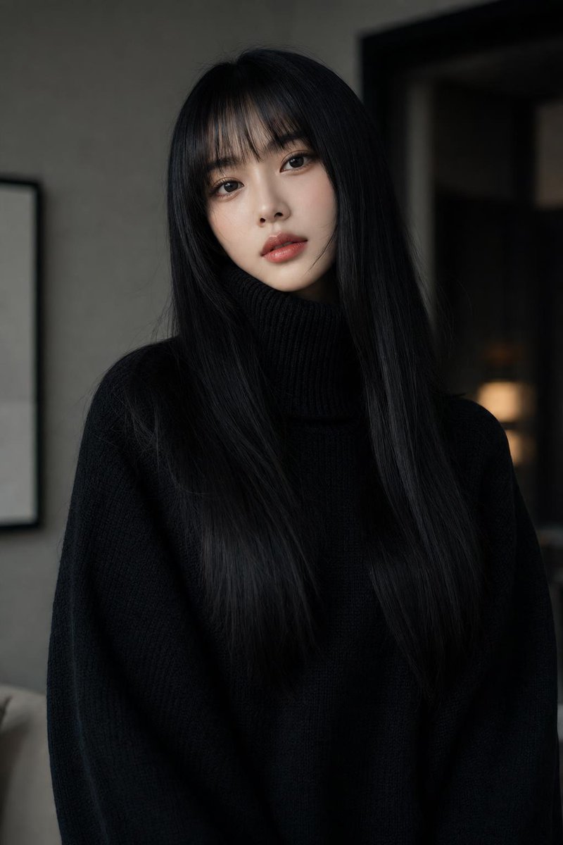 超写实高级时尚人像肖像画，一位精致的年轻女性，纵向 9:16 比例。她拥有极其修长、顺滑、丝般乌黑亮泽的头发，自然散发微妙光泽，完美平直的厚刘…, 图片 1