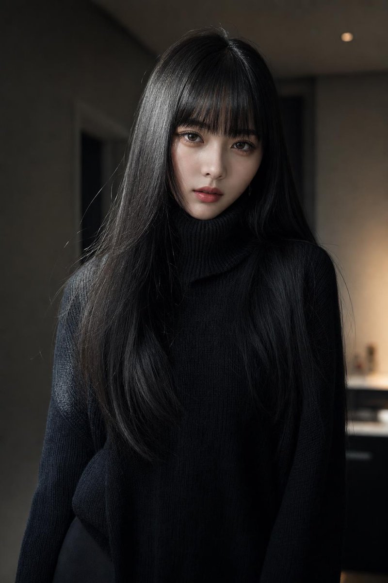 超写实高级时尚人像肖像画，一位精致的年轻女性，纵向 9:16 比例。她拥有极其修长、顺滑、丝般乌黑亮泽的头发，自然散发微妙光泽，完美平直的厚刘…, 图片 3