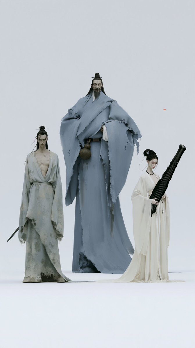 纯白无缝背景,棚拍角色参考表风格,三个全身角色分开站立,真实的中国唐代背景,东亚面部特征,符合历史,绝对不出现现代元素,无道具,无背景景物,干…, 图片 2