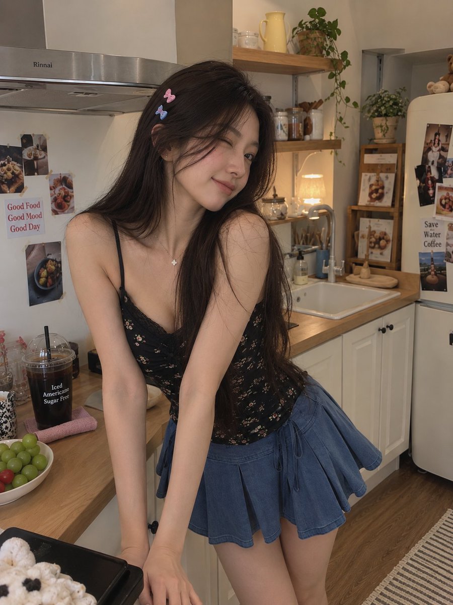 一张高质量的抓拍风格生活人像照,一位年轻女性站在温馨的现代厨房中,身穿黑色碎花细肩带吊带背心和蓝色百褶裙。她有着长而笔直的深棕色头发,别着几枚…, 图片 2