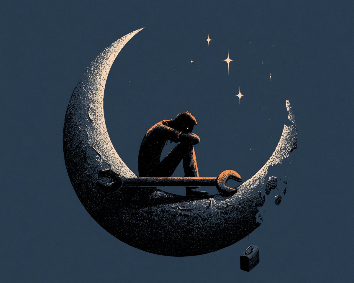 A tired moon mechanic sitting on the edge of a broken crescent moon, shoulders …