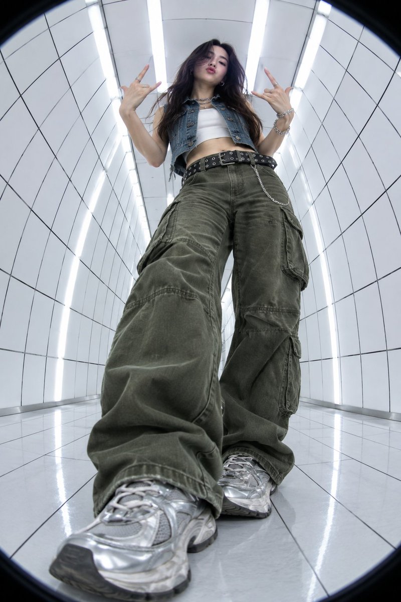 极端低角度鱼眼镜头拍摄的年轻女性照片,她有一头深色长发,做出摇滚手势。她身穿Y2K街头风格服装:白色上衣外搭短款牛仔背心,宽松橄榄绿色工装裤,…, 图片 1