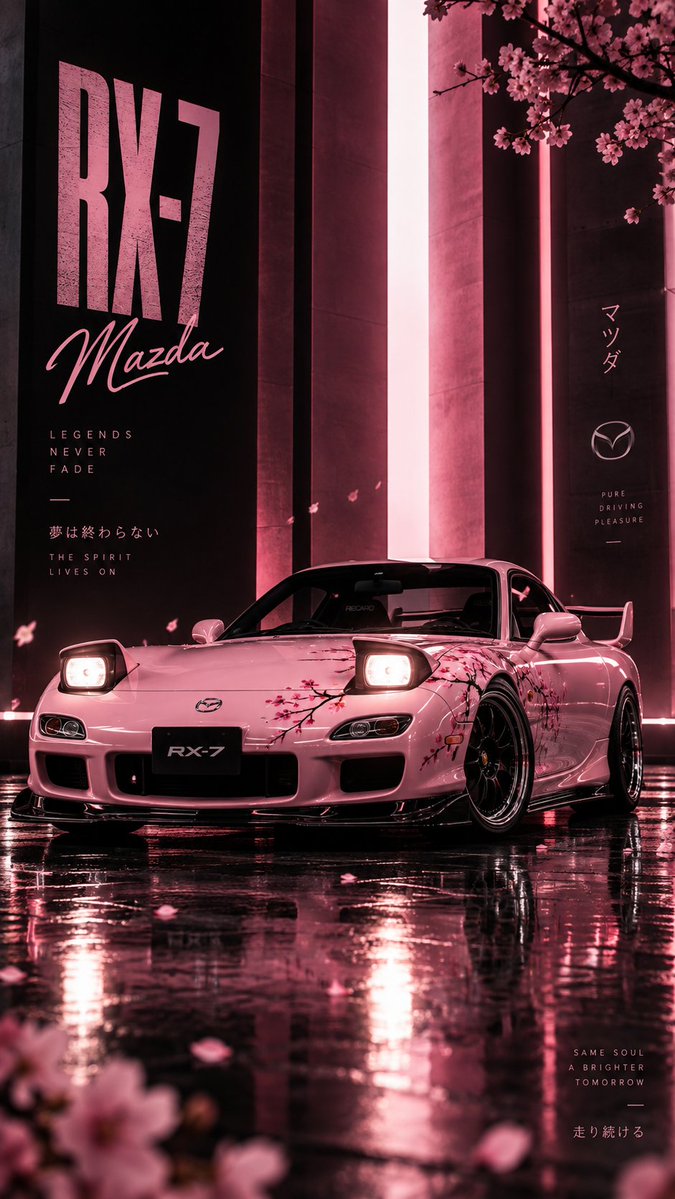 创作一张高端电影级汽车工作室海报,主体为一辆粉色 Mazda RX-7 FD,采用低位前 3/4 视角。车身采用纯净光亮的柔和粉彩色,姿态激进…, 图片 1