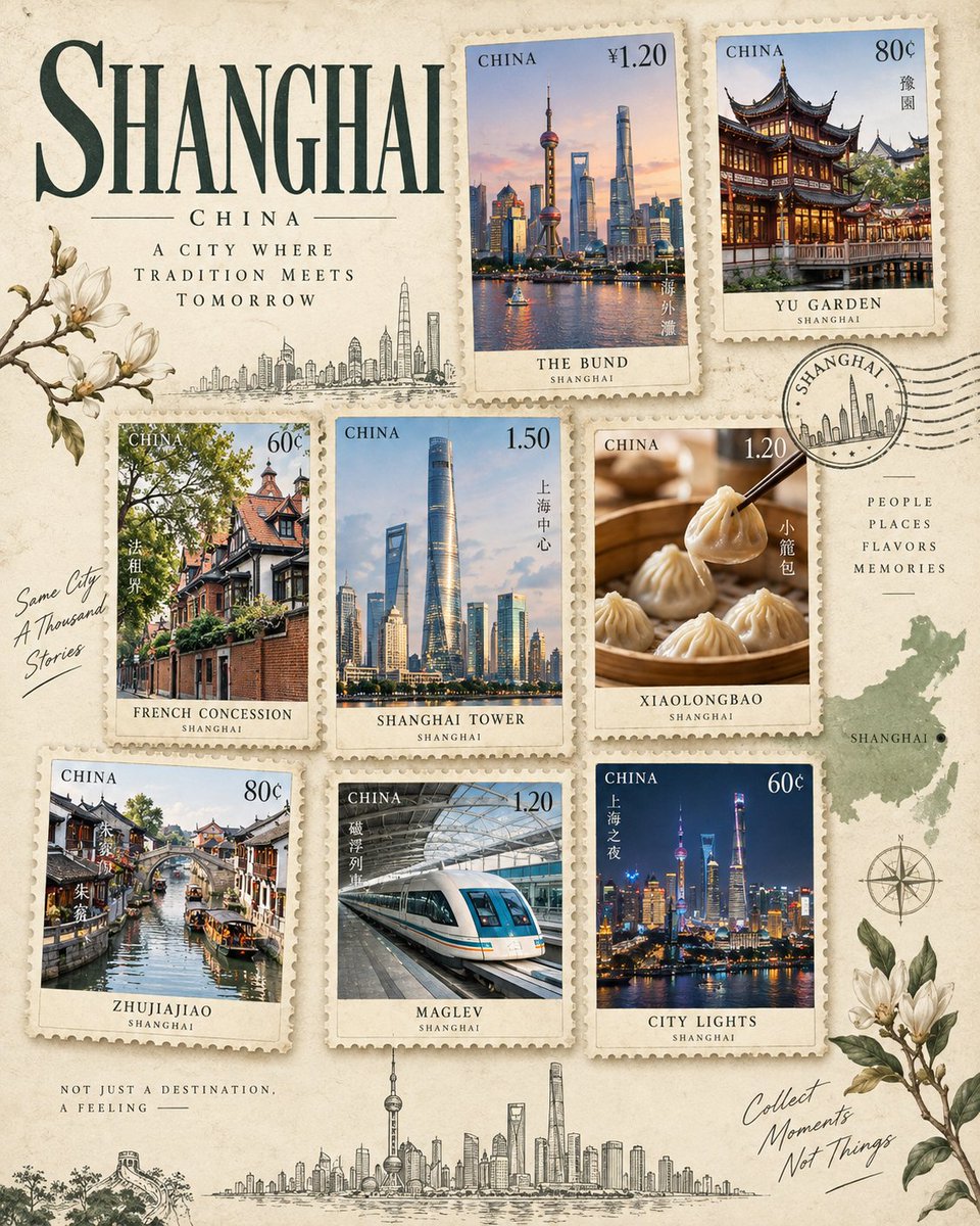 为 [LOCATION]（地点）创作一张高级纵向 4:5 旅行海报，灵感来自一套优雅的复古邮票收藏。使用温暖的象牙白纸张背景，搭配细腻的纸张纹…, 图片 1