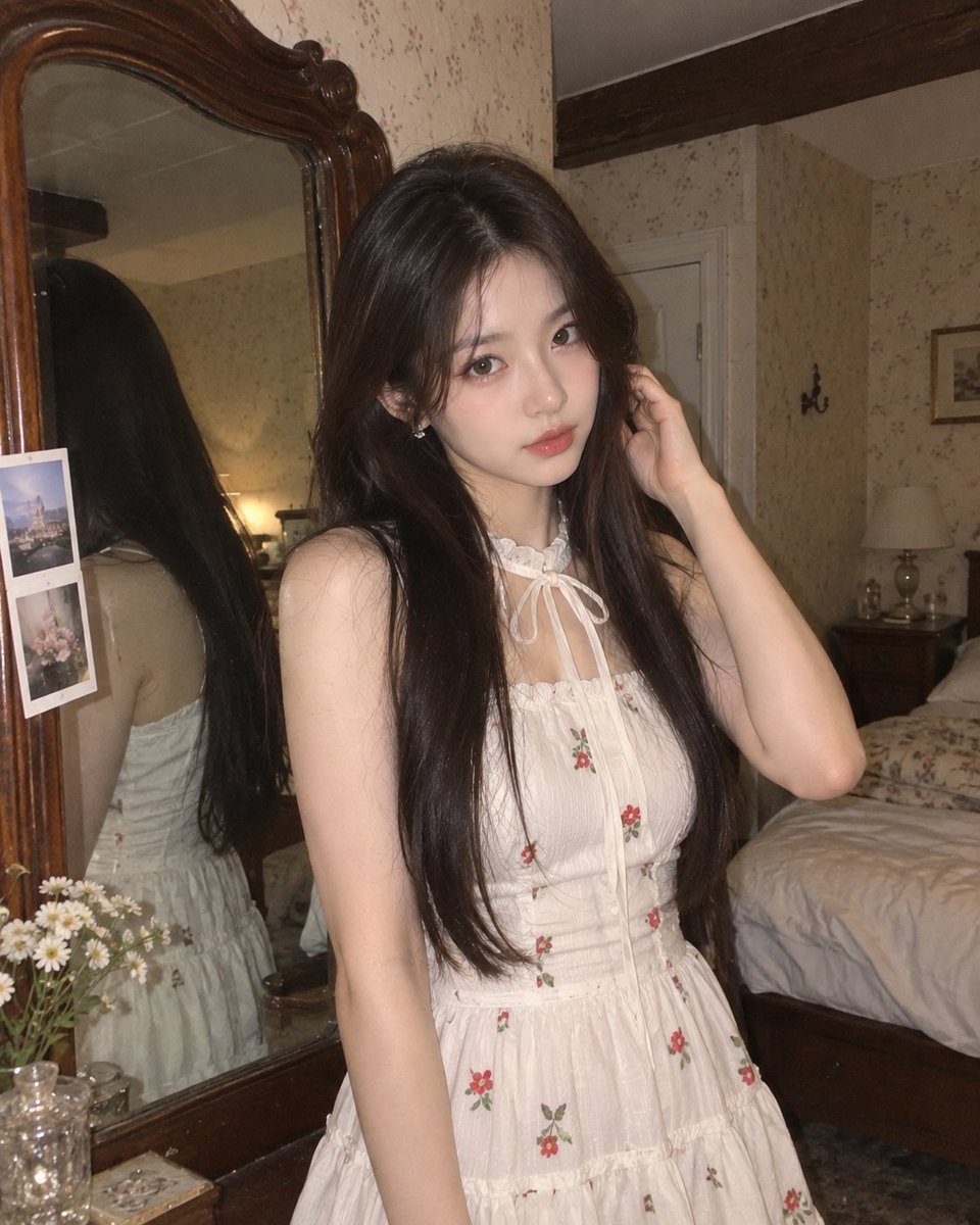 一张照片写实风格的室内人像照，画面中一位年轻女子站在一间温馨复古卧室里，旁边是一面带大型复古木框的镜子。她留着深棕色中分长直发，妆容柔和自然，…, 图片 1