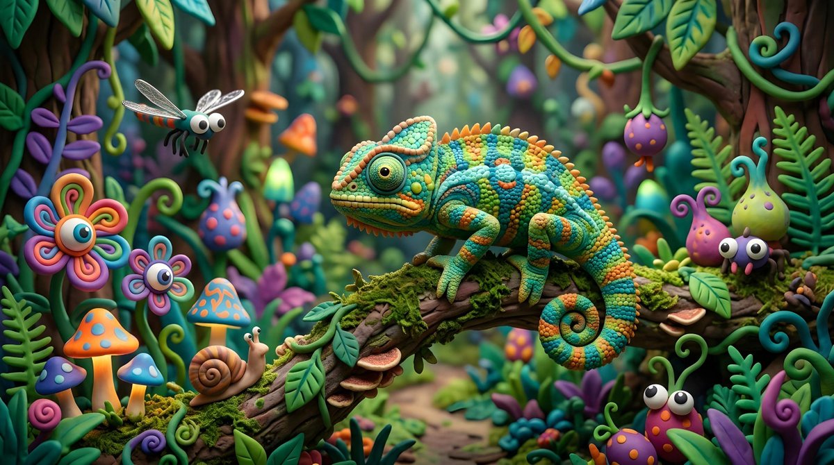 A vibrant, whimsical claymation scene depicts a colorful chameleon perched on a…