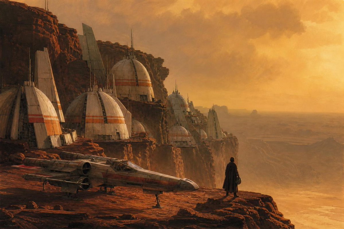On a windswept mesa of red volcanic rock, Ralph McQuarrie–inspired angular whit…