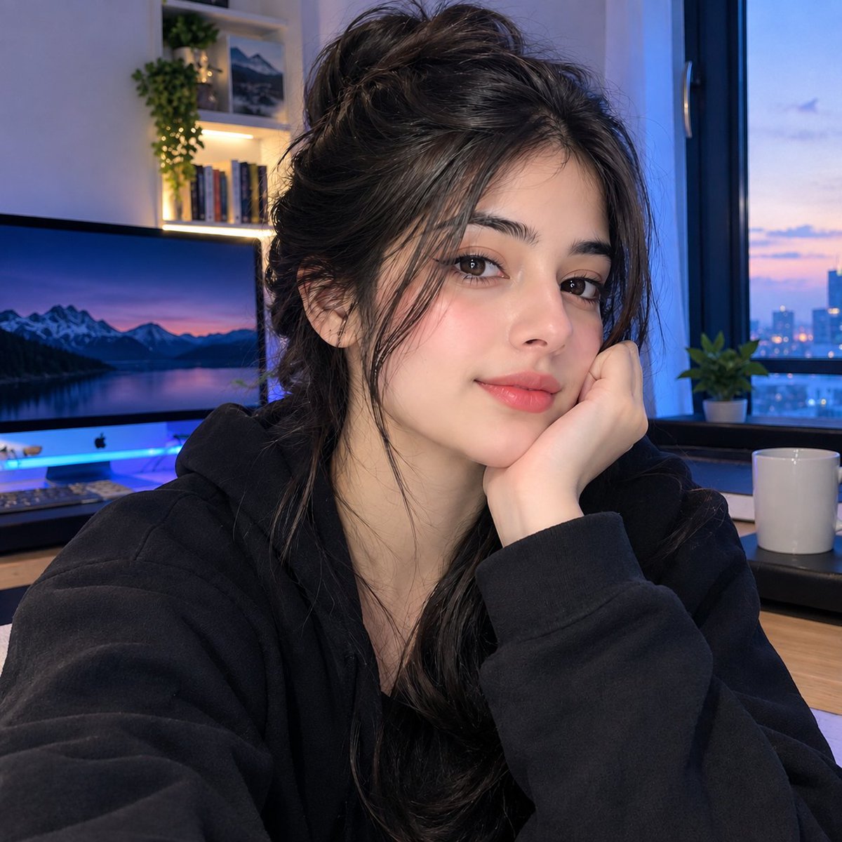 一张特写自拍照,一位美丽的年轻南亚女性将头靠在手上,以微妙而温柔的微笑直视镜头。她有着深棕色头发,蓬松随意地挽起,几缕柔软的发丝垂落在脸庞两侧…, 图片 1