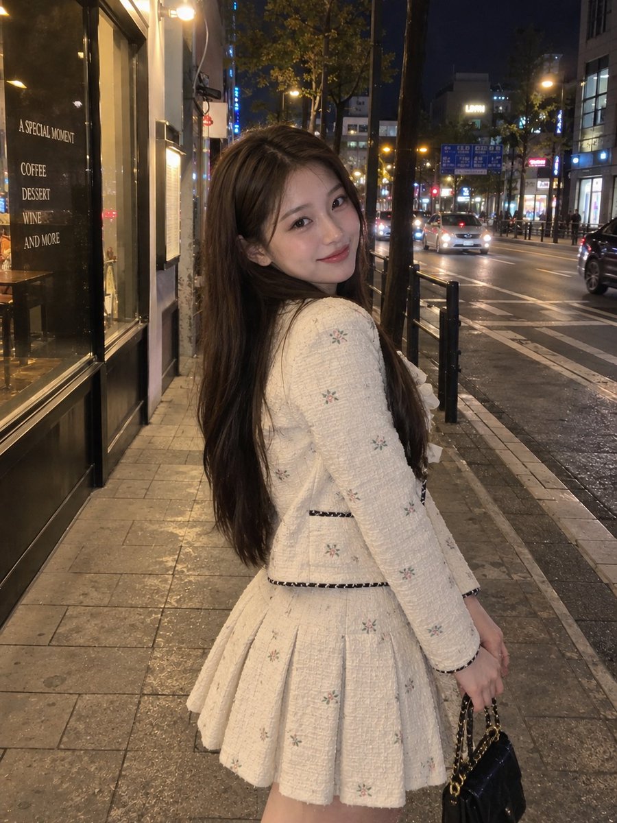 一张逼真的夜间街头人像照,照片中一位年轻女子站在热闹的城市街道上,身穿一件精致的奶白色纹理夹克,上面有细小的花卉图案、装饰性蝴蝶结、深色滚边和…, 图片 1