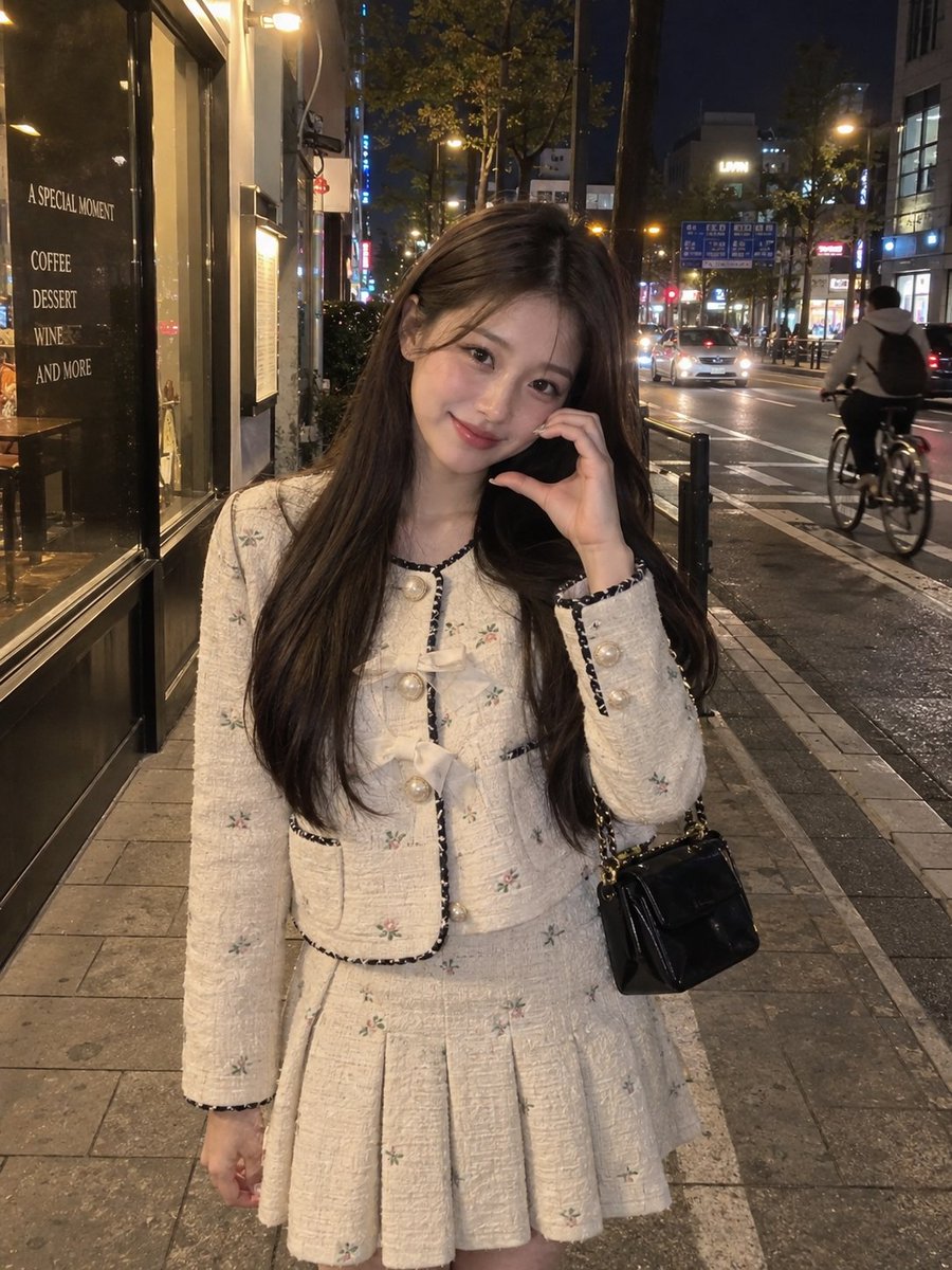 一张逼真的夜间街头人像照,照片中一位年轻女子站在热闹的城市街道上,身穿一件精致的奶白色纹理夹克,上面有细小的花卉图案、装饰性蝴蝶结、深色滚边和…, 图片 2