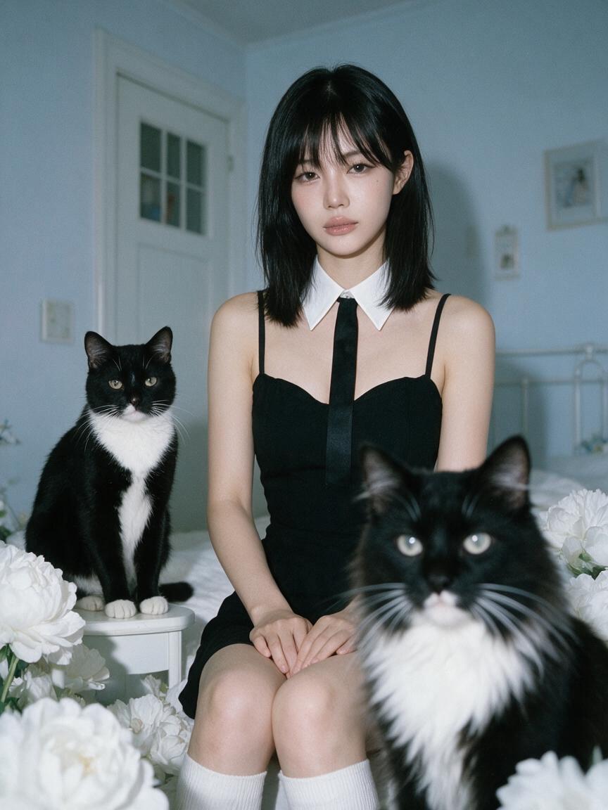 超写实柔焦卧室时尚人像：一位年轻成年女性坐在一间冷色调粉蓝色房间中，周围环绕着超大朵的白色花朵和两只黑白相间的猫。画面应感觉梦幻、安静、略带怪…, 图片 1