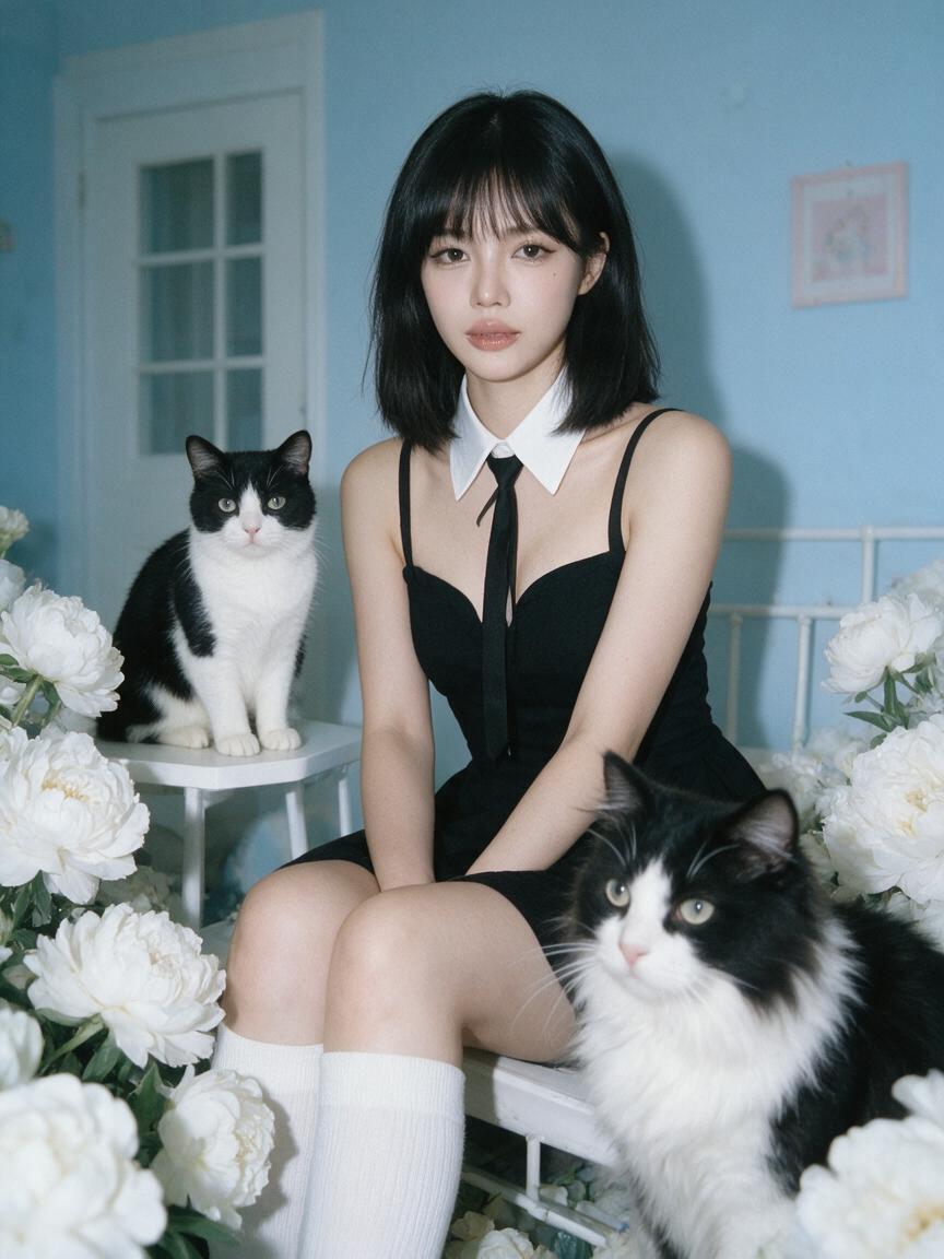 超写实柔焦卧室时尚人像：一位年轻成年女性坐在一间冷色调粉蓝色房间中，周围环绕着超大朵的白色花朵和两只黑白相间的猫。画面应感觉梦幻、安静、略带怪…, 图片 2