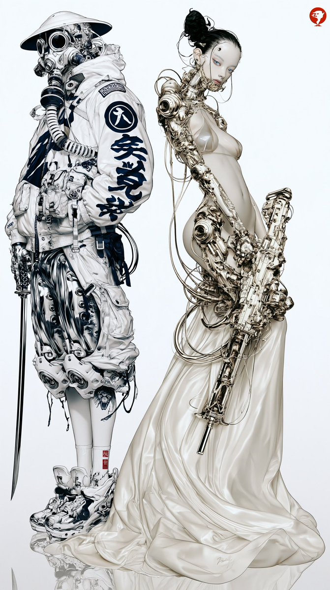 Midjourney 8.2 prompt character design sheet, two futuristic cyberpunk figures …