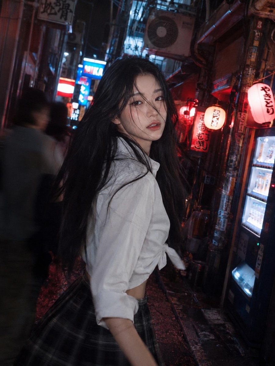 A cinematic, candid night portrait of a stunning young East Asian woman with lo…