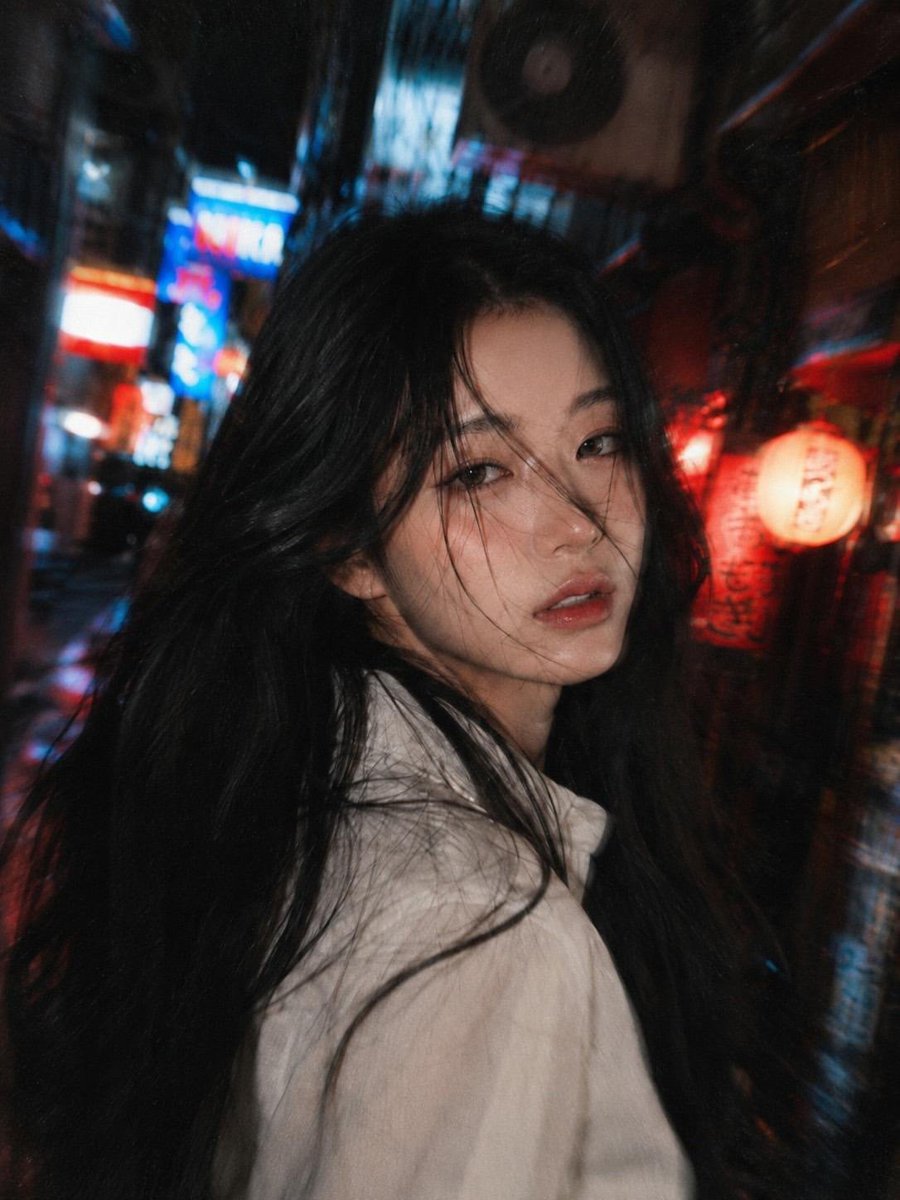 电影感十足、抓拍风格的夜间人像:一位令人惊艳的年轻东亚女性,长长的凌乱黑发被风吹拂掠过面庞。她回头凝望,神情强烈而迷人。身穿系带白色翻领衬衫和…, 图片 2