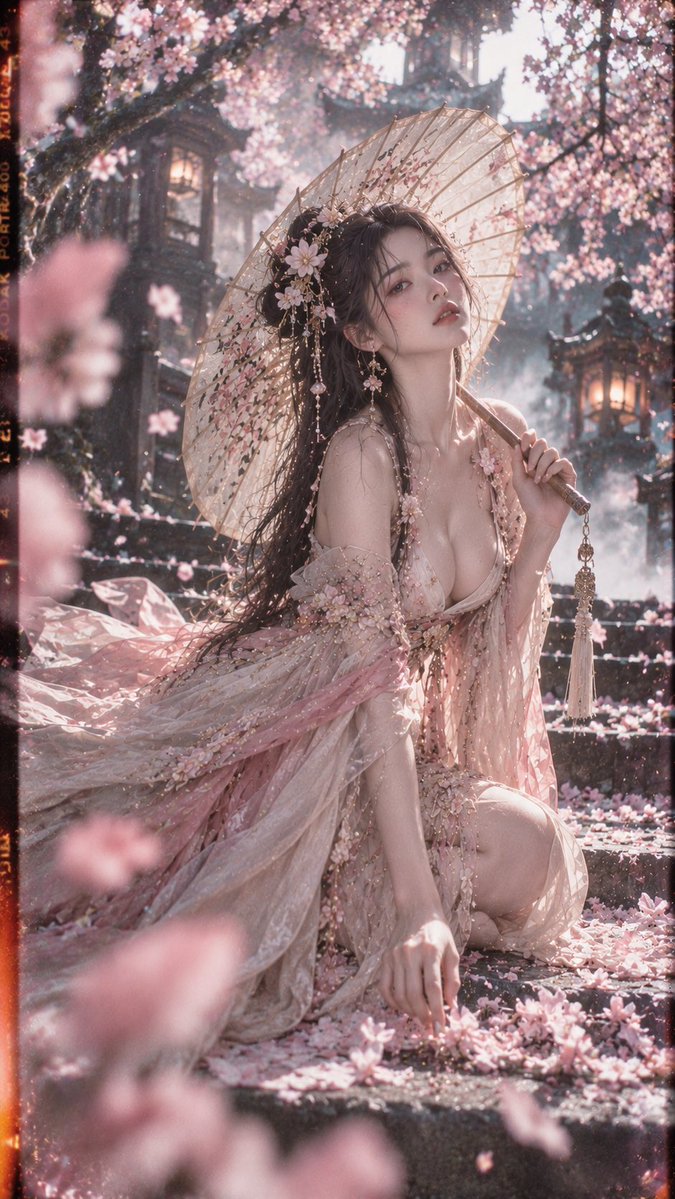 🎞️ 超现实古风电影胶片人像，9:16 竖幅；18–22 岁、明确成年的漂亮东亚女性，约 1.75 米，精致小脸与柔和立体五官，冷白通透肌肤…, 图片 1