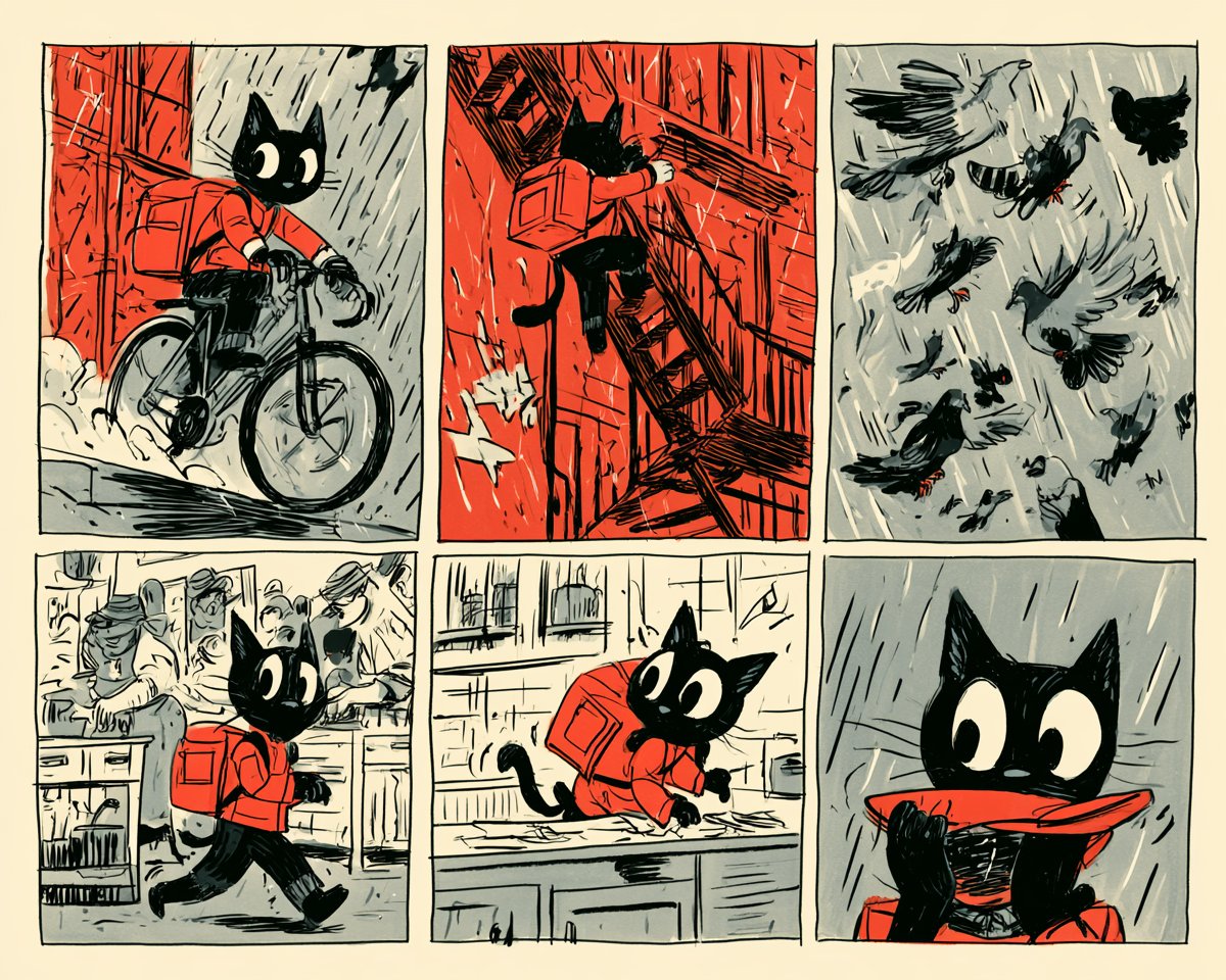 A six-panel comic consistency test following the same small black cat courier t…