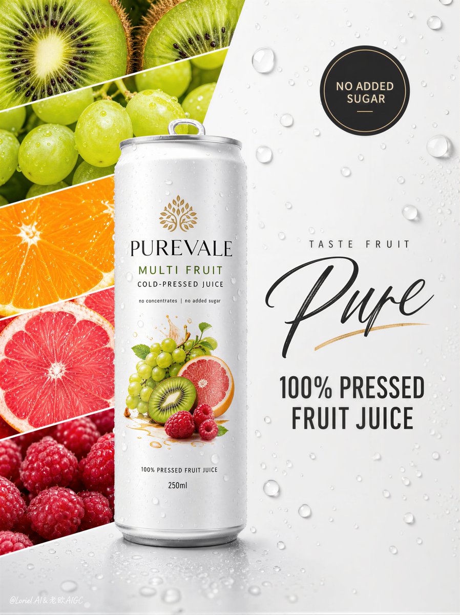 cheap juice ad, cluttered fruit collage, unreadable can label, warped can shape…