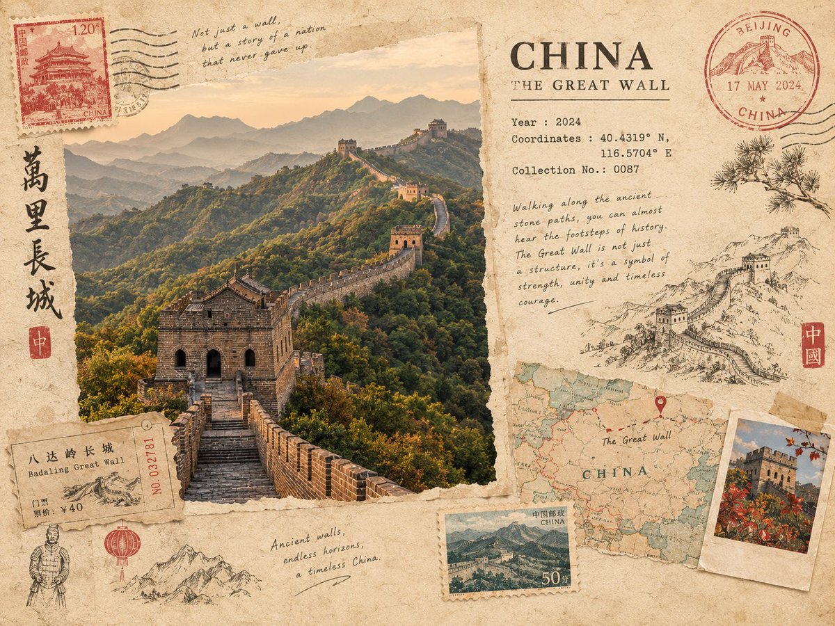 为 [DESTINATION]（目的地）制作一张高端旅行记忆卡，设计风格仿若一位复古探险家私人收藏中精心编排的一页。以 [ICONIC LAN…, 图片 2