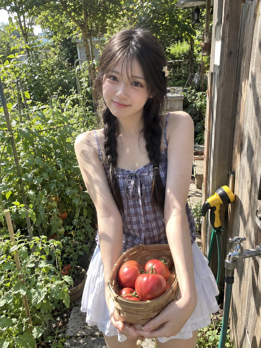 一张照片般逼真的夏日菜园抓拍人像，描绘一位年轻东亚女性在晴朗明亮的午后户外，站在一片郁郁葱葱的菜园旁边。她留着乌黑的长发，梳成两条松散的麻花辫…, 图片 2