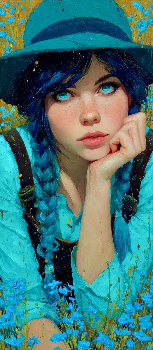 一幅竖构图的油画风格肖像画：一位年轻女子将脸颊轻倚在一只手上，向上凝视，拥有一双明亮的绿松石色眼眸，神情梦幻而内省。她有着深藏青近黑的头发，扎…, 图片 1