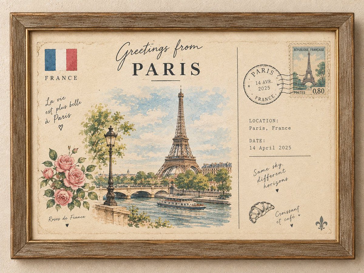 Create a cute minimalist vintage travel postcard for [COUNTRY / CITY], displaye…