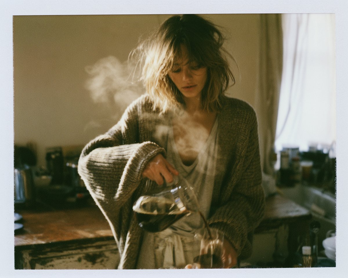 一张随拍风格的宝丽来 SX-70 人像照片:一位美丽的年轻成年女性刚醒来,站在一间小厨房里,浅棕色头发凌乱蓬松,身着宽松的针织开衫套在简约睡衣…, 图片 1