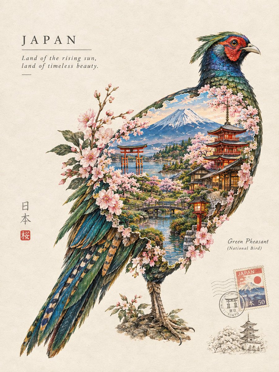 创作一幅精美的艺术插画，以[COUNTRY]（国家）的国鸟[NATIONAL BIRD]（国鸟）来代表该国家。让这只鸟自然地环绕着[COUNT…, 图片 3
