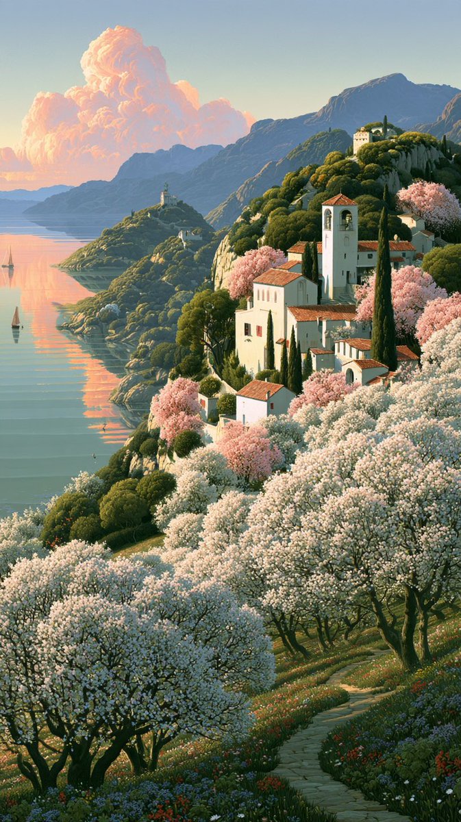 山丘披着花海与静谧,迈希尔·施里弗 (michiel schrijver) 的画作 --ar 9:16 https://t.co/pIioPb…, 图片 2