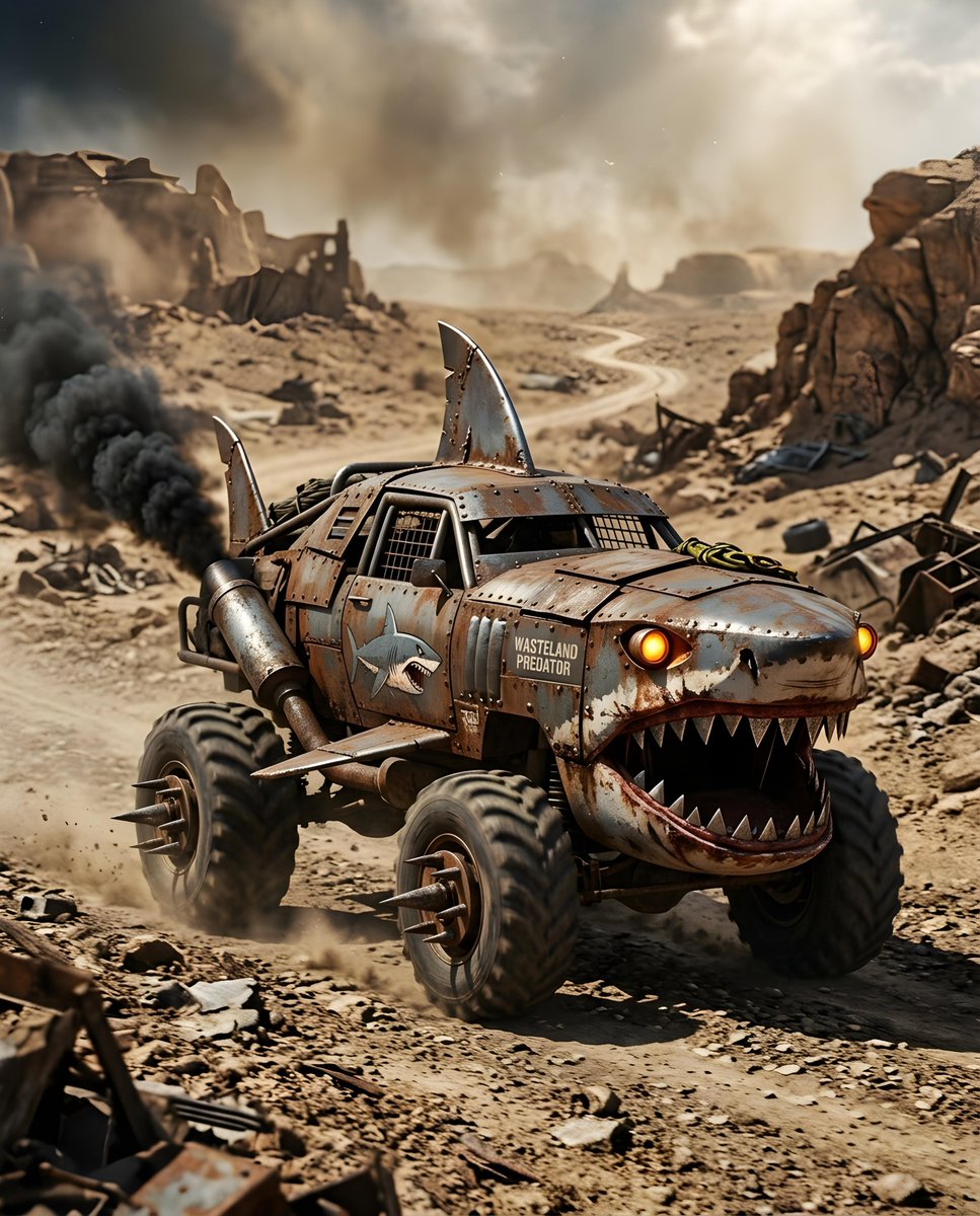A heavily modified, rusty, shark-shaped vehicle sits in a desert landscape. The…