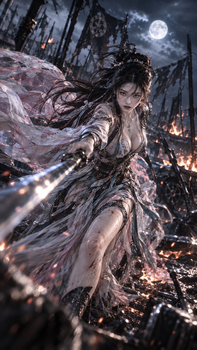 🎞️ 东方仙侠电影写真,9:16;18–22 岁、明确成年的漂亮东亚女性,约 1.75 米,精致冷艳五官,白皙肌肤,高挑纤细模特身材,胸部视…, 图片 1