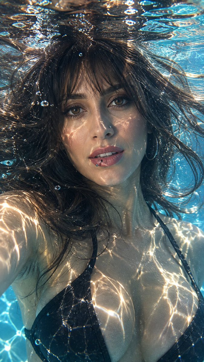 "Create an extreme close-up underwater portrait after the subject has just jump…