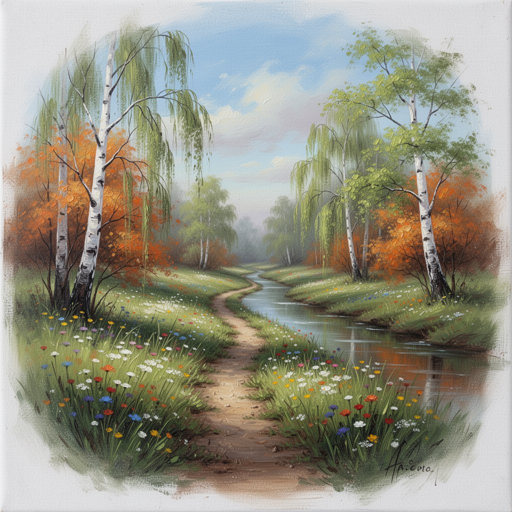 柔和的绘画风格油画风景:一条狭窄的土路蜿蜒穿过春日草地,消失于野花之中,看不到尽头。一条静谧、缓缓流淌的小溪倒映着淡蓝色天空与柔和的云朵。垂柳…, 图片 1