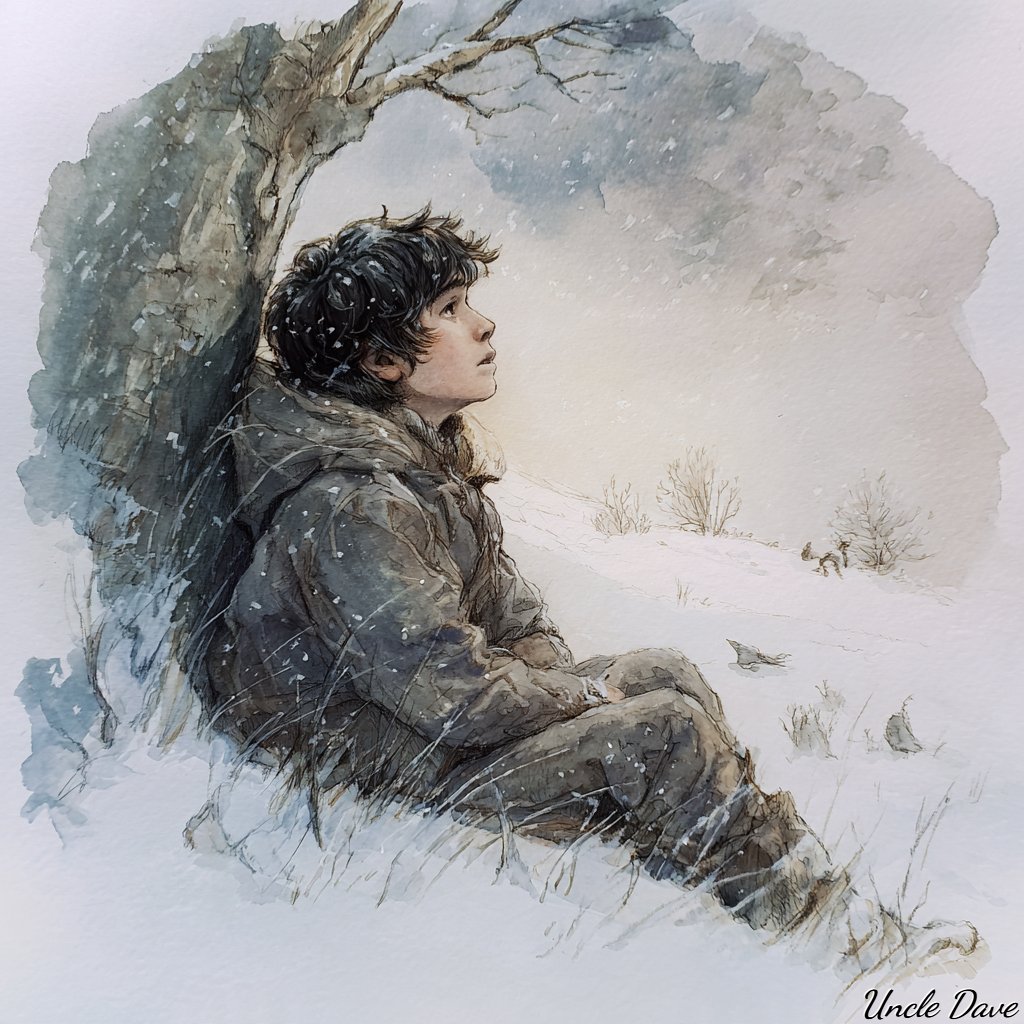 当你是一个13岁的男孩，遭遇了一场冬季风暴。水彩画，圆形粗糙边缘的晕影画，晕影之外是一些微小的场景，展示如果他没有遭遇风暴，他本来会在做什么；…, 图片 3