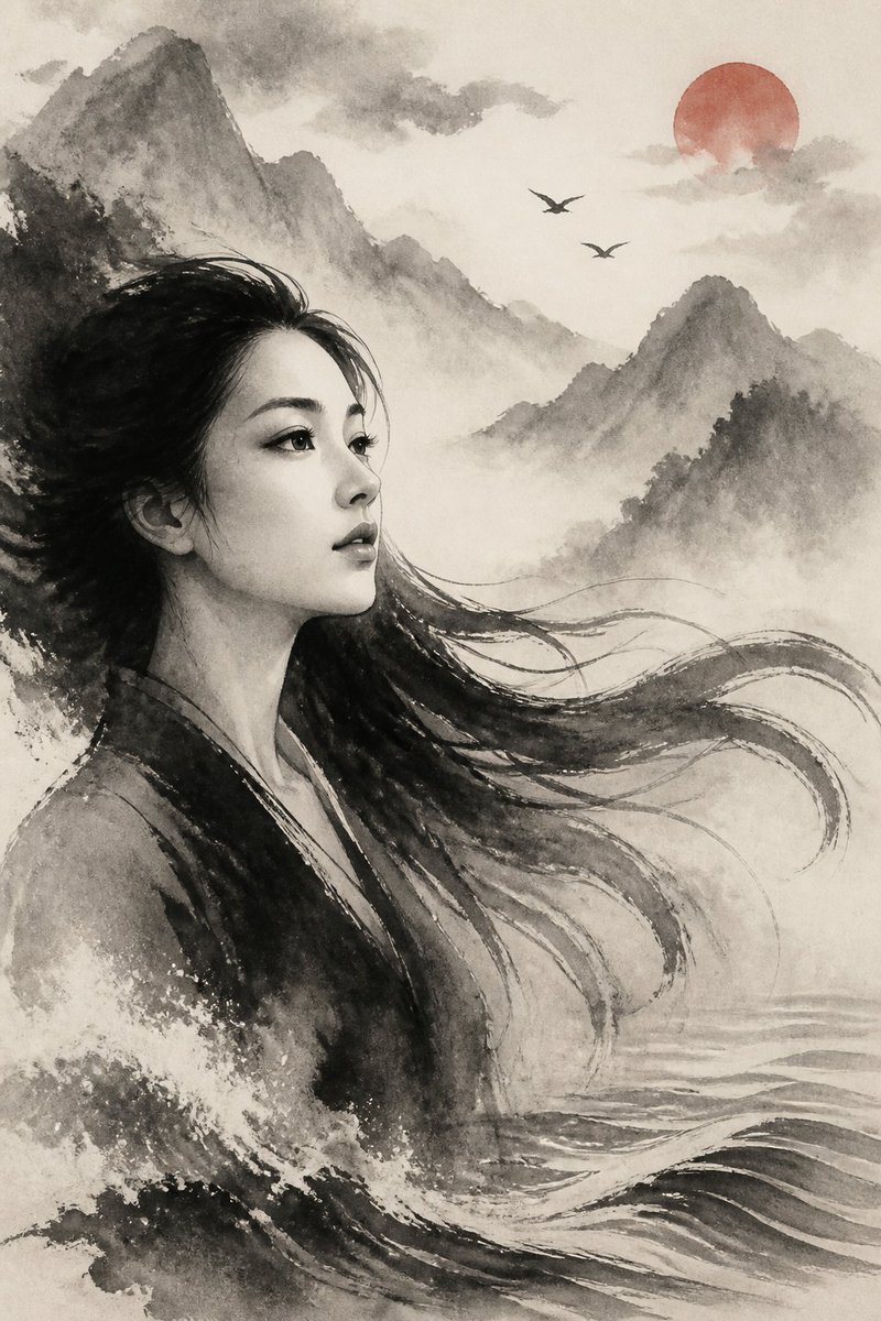 水墨画:粗犷的湿黑笔触勾勒主体,边缘带有干笔飞白,湿润的墨色渗入纸张纤维,层层墨晕营造出深度。一位美丽女子的面容望向未来,她的长发飘向远方。背…, 图片 1
