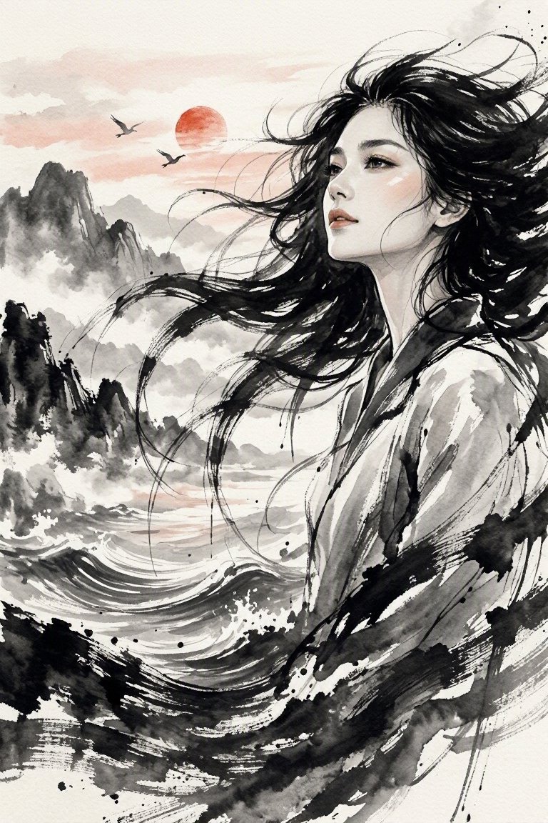 水墨画:粗犷的湿黑笔触勾勒主体,边缘带有干笔飞白,湿润的墨色渗入纸张纤维,层层墨晕营造出深度。一位美丽女子的面容望向未来,她的长发飘向远方。背…, 图片 2