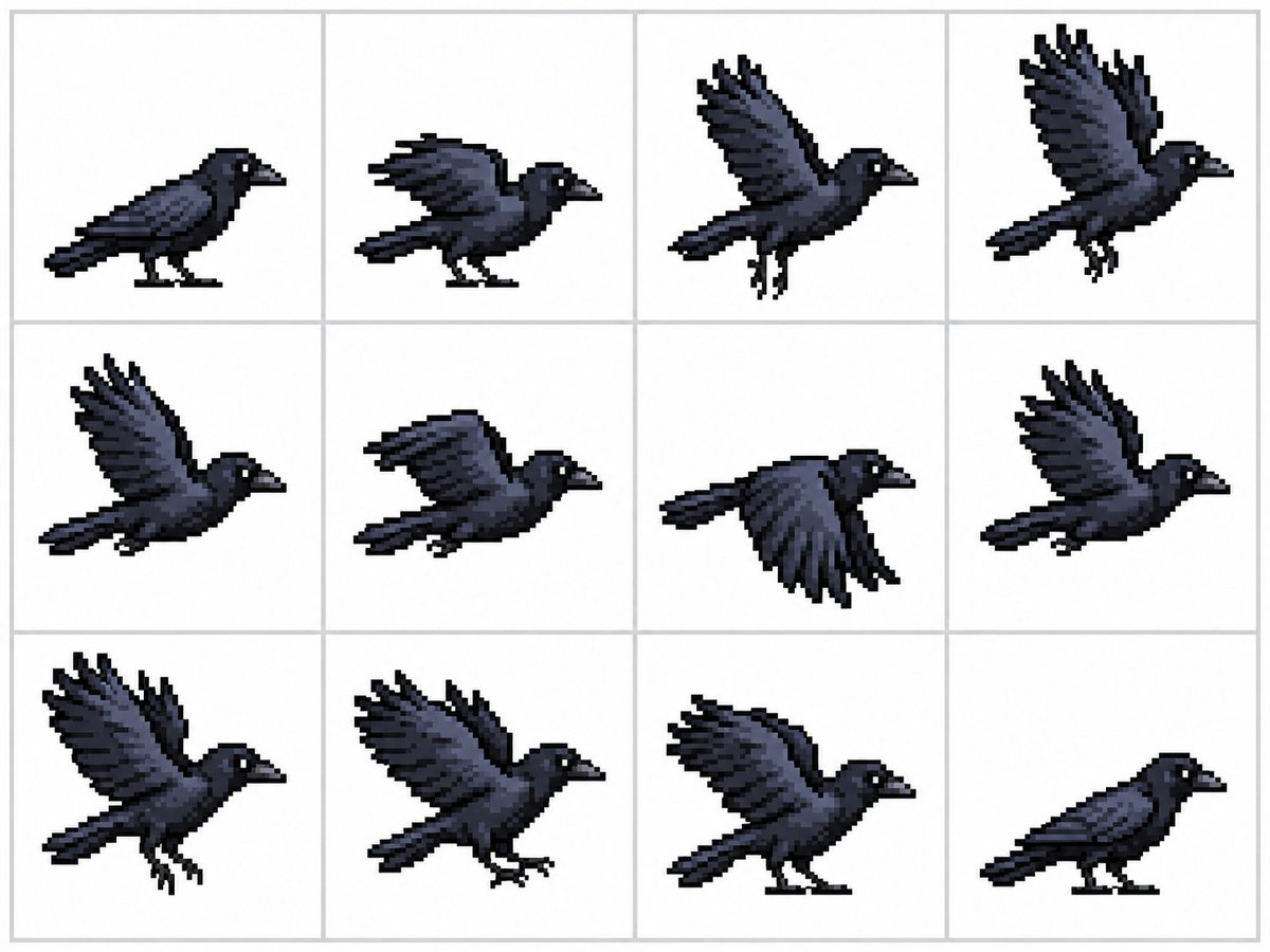 Make a sprite shit, 16-bit style, 32X32 per image, of a crow flying, taking off…