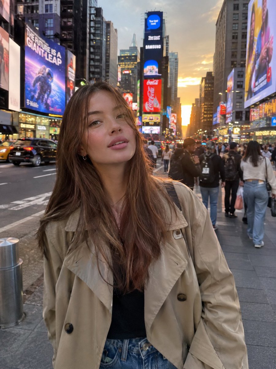 超写实照片，主体为[角色，例如：20多岁的年轻女性 / 30多岁的男性]，站立于[地点，例如：纽约时报广场 / 东京狭窄的街道 / 巴黎某处屋…, 图片 1