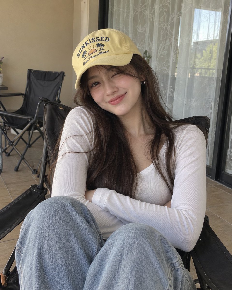 一张超写实的随性人像照片:一位年轻女性舒适地坐在一把深色折叠躺椅上,使用智能手机在室内拍摄。她留着长而顺直的深棕色头发,自然地垂落在肩上,面部…, 图片 1
