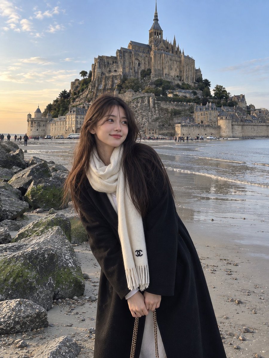 一张照片般逼真的抓拍旅行肖像:一位年轻的东亚女性站在一片宁静的沙滩岸边,旁边是覆盖着苔藓的巨大岩石,身后一座壮观的古老石砌修道院和中世纪城堡式…, 图片 1