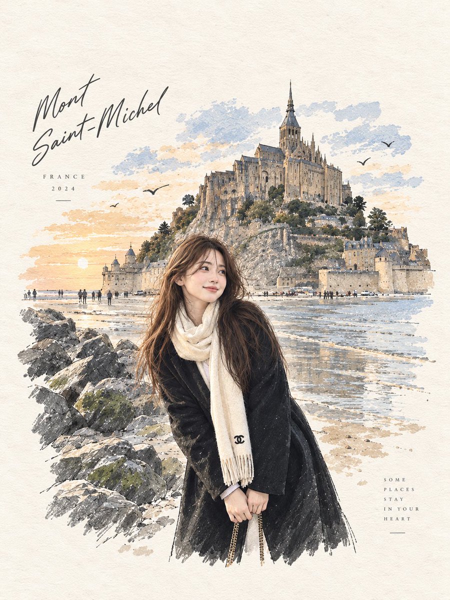 一张照片般逼真的抓拍旅行肖像:一位年轻的东亚女性站在一片宁静的沙滩岸边,旁边是覆盖着苔藓的巨大岩石,身后一座壮观的古老石砌修道院和中世纪城堡式…, 图片 2