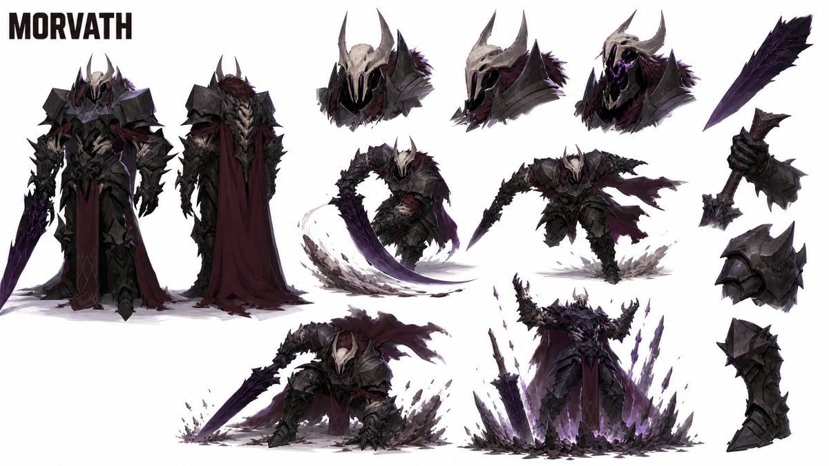 2D 平面插画，框内居中一个全身人物：Morvath，哥特式地牢 BOSS 级巨像，高耸威严，重心低沉，斗篷拂地。头戴带角的大教堂骨骼骷髅盔，…, 图片 2