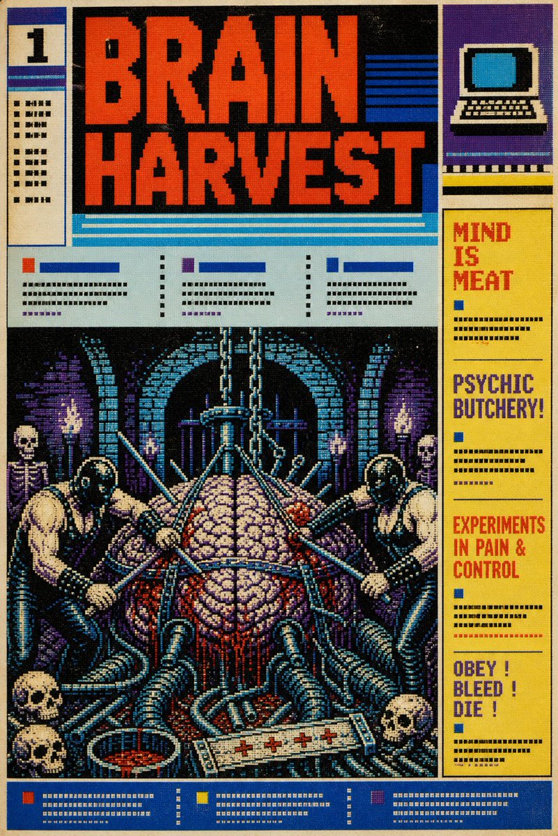 mid-’80s home-computer magazine cover with chunky raster art, scanlines, dither…